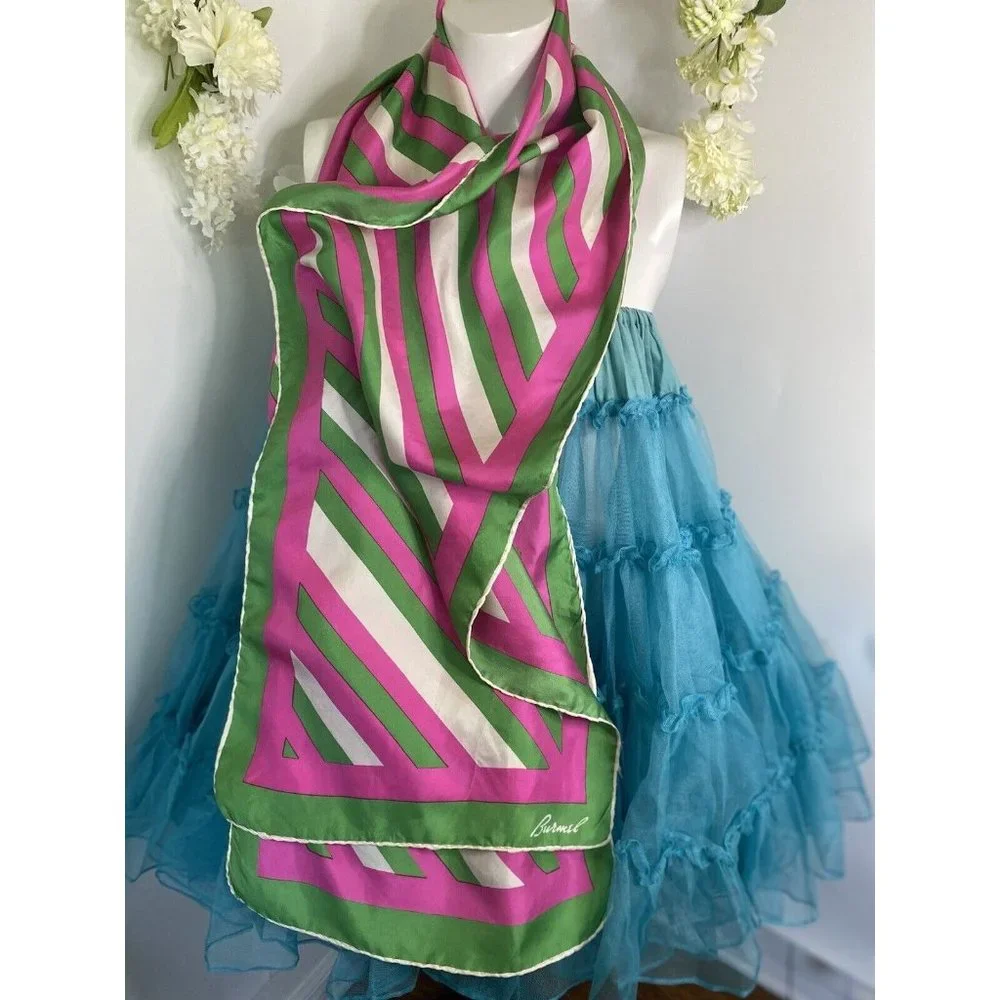 Burmel Vintage 1960's Pink Green Stripe Hand Rolled All Silk Scarf 13x68 Italy - Picture 8 of 16